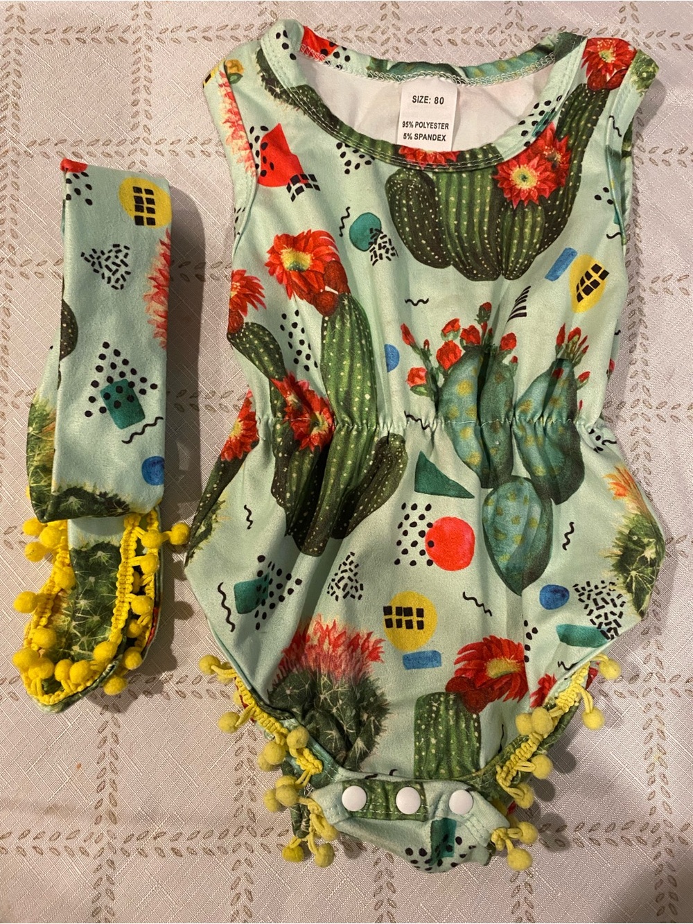 Source Unknown Mint Green Cactus Print Baby One-Piece with Yellow Pom Trim